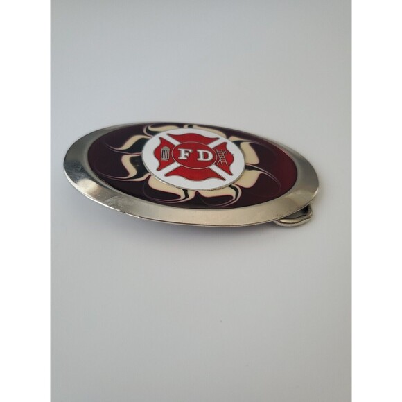 Vintage Silver Tone and Red Oval Fire Department Belt Buckle 2.5 IN Wide - Picture 2 of 7